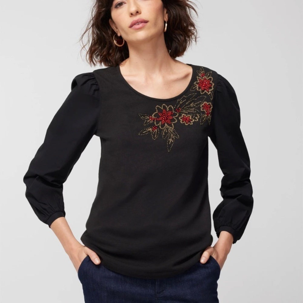 Chico’s Embellished Flower Puff-Sleeve Top. Beaded floral princess sleeve. Sz 2